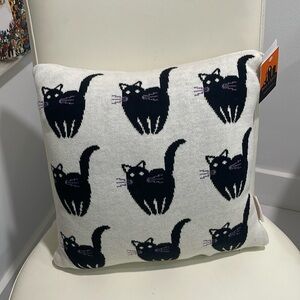 Skull & Bones Halloween Black Cats with Purple Whiskers Throw Pillow